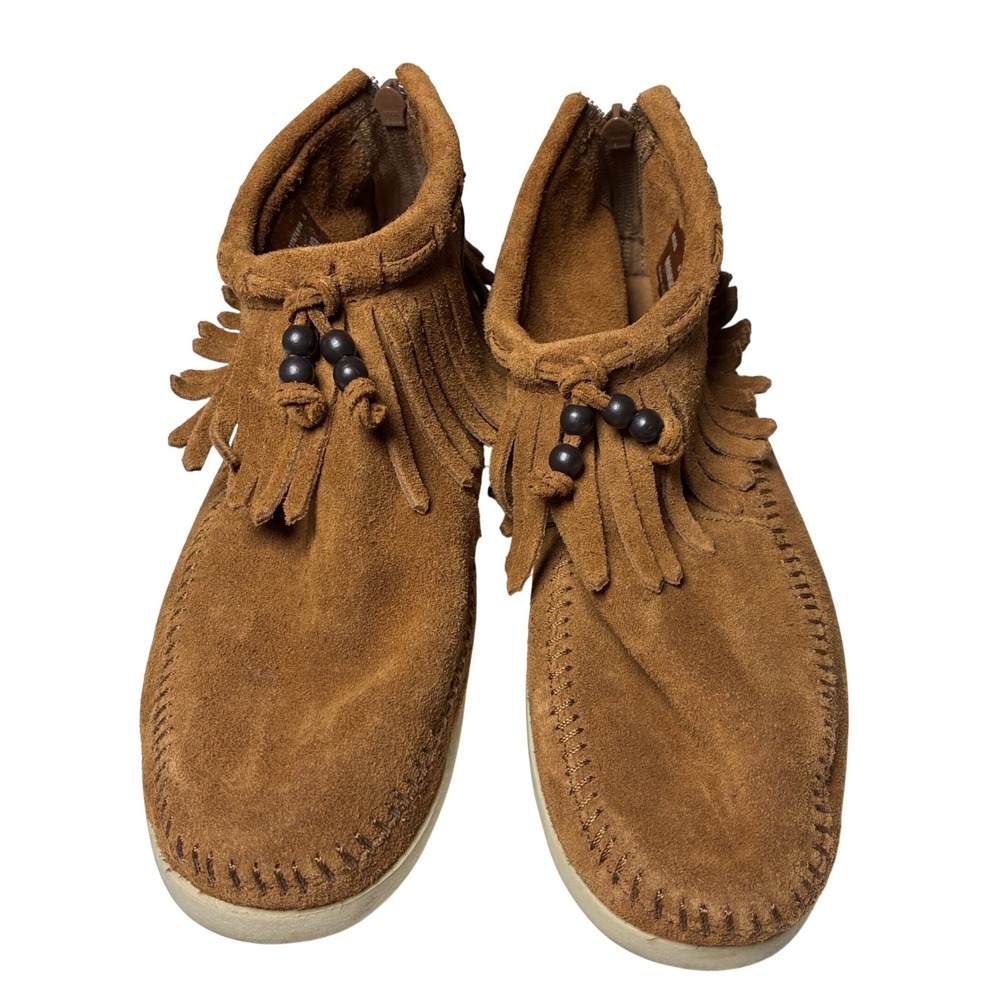 Minnetonka Brown Suede Fringe Moccasin Ankle Boots Beaded Back Zip Womens 8